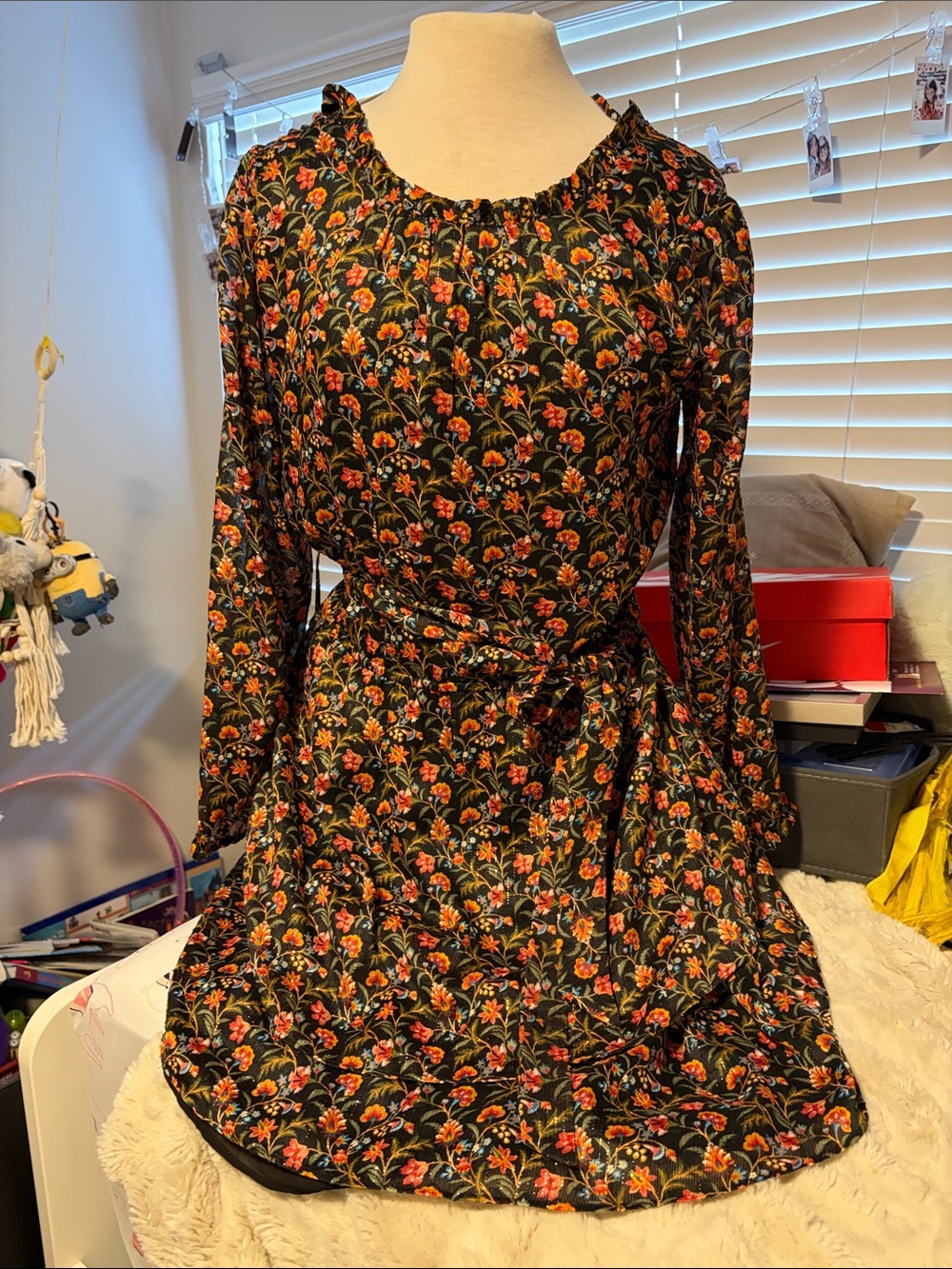 LOFT Black Long-Sleeve Floral Tie-Waist Dress with Orange and Green Print